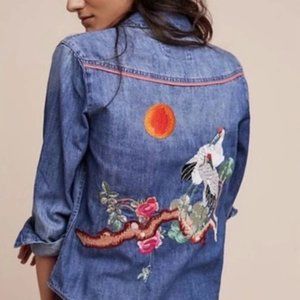 Holding Horses Anthropologie Chambray Denim Crane Embroidered Shirt